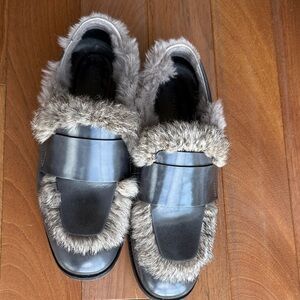 Jimmy Choo | Tedi Brush Off Leather Rabbit Fur Loafers Gray Sz 39